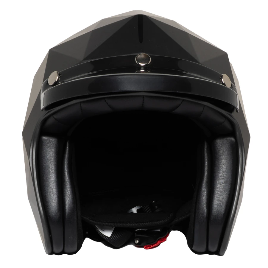 Close detail of the black Mansell finish, made to match a cafe racer helmet style.