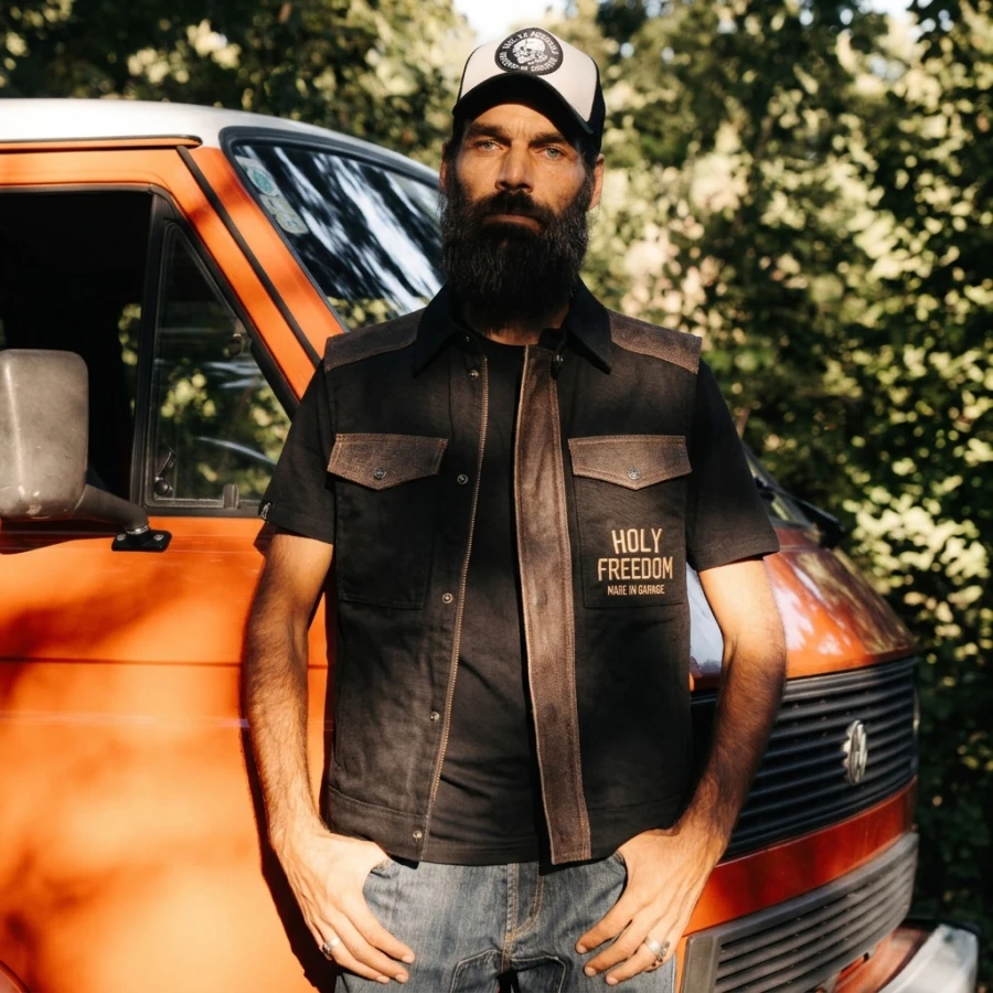 Hardcore motorcycle vest styled with a relaxed cafe racer attitude.