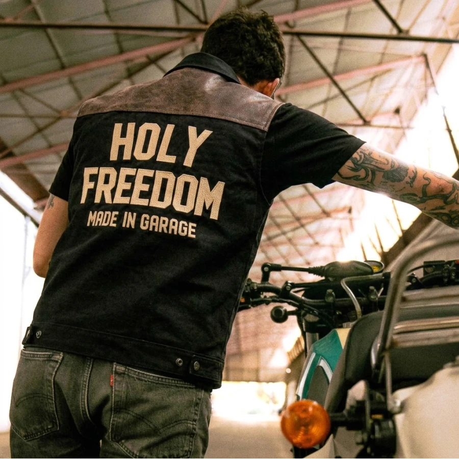 Hardcore motorcycle vest styled with a relaxed cafe racer attitude.
