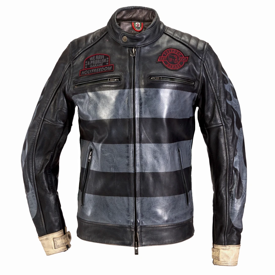 Front view of the Inferno leather motorcycle jacket with a sharp essential cut.