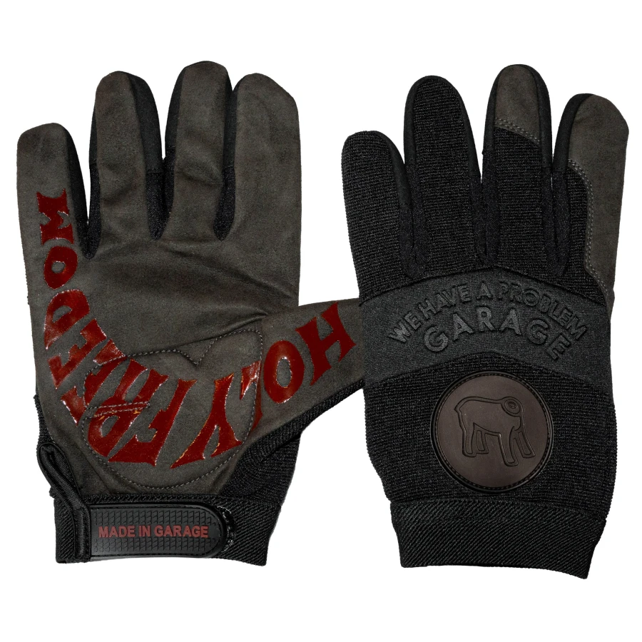Front view of Garage Gloves, custom leather motorcycle gloves with a clean garage look.