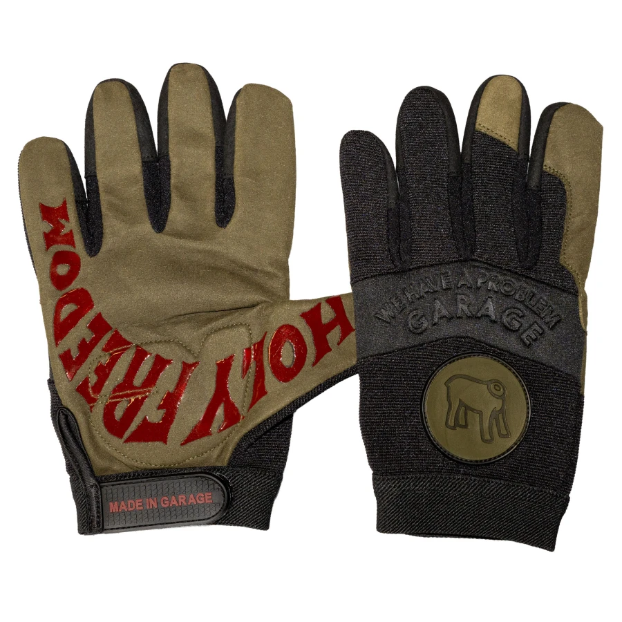 Front view of Garage Gloves, custom leather motorcycle gloves with a clean garage look.