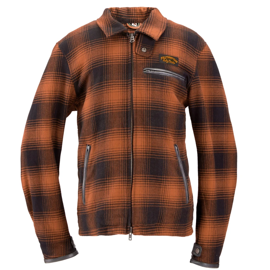 Front view of the Definitive Holyfreedom flannel motorcycle jacket with a vintage look.