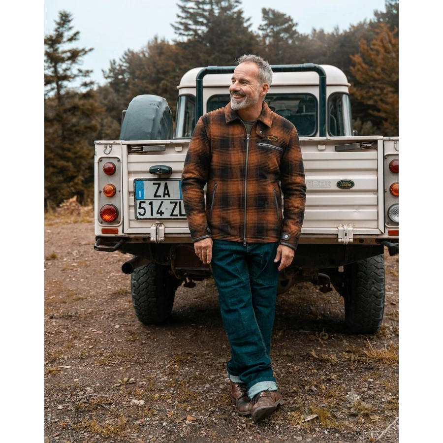 Front view of the Definitive Holyfreedom flannel motorcycle jacket with a vintage look.