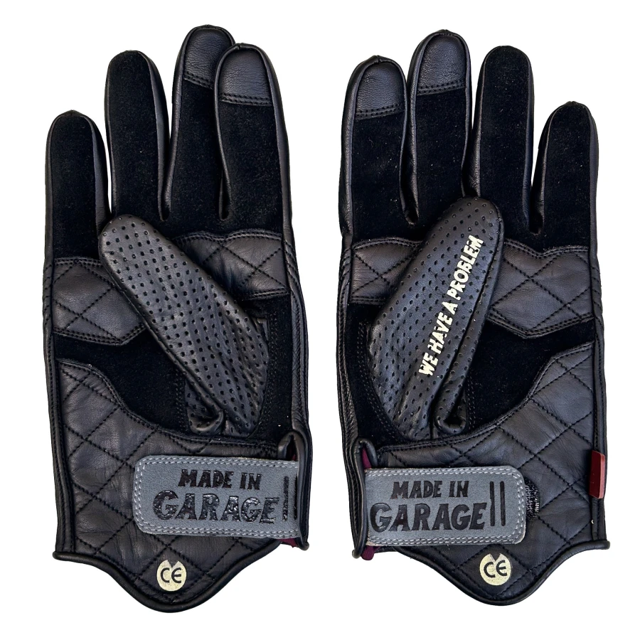 Vista frontale dei guanti moto pelle Bullit Black Holyfreedom, stile cafe racer essenziale. 2