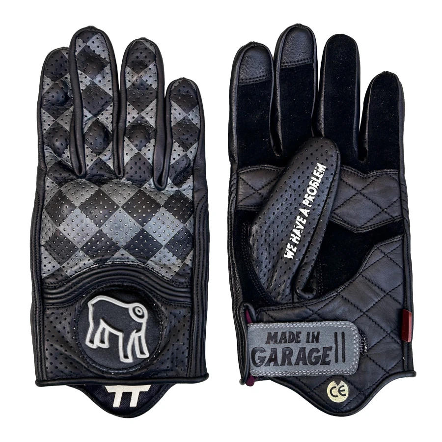 Vista frontale dei guanti moto pelle Bullit Black Holyfreedom, stile cafe racer essenziale.