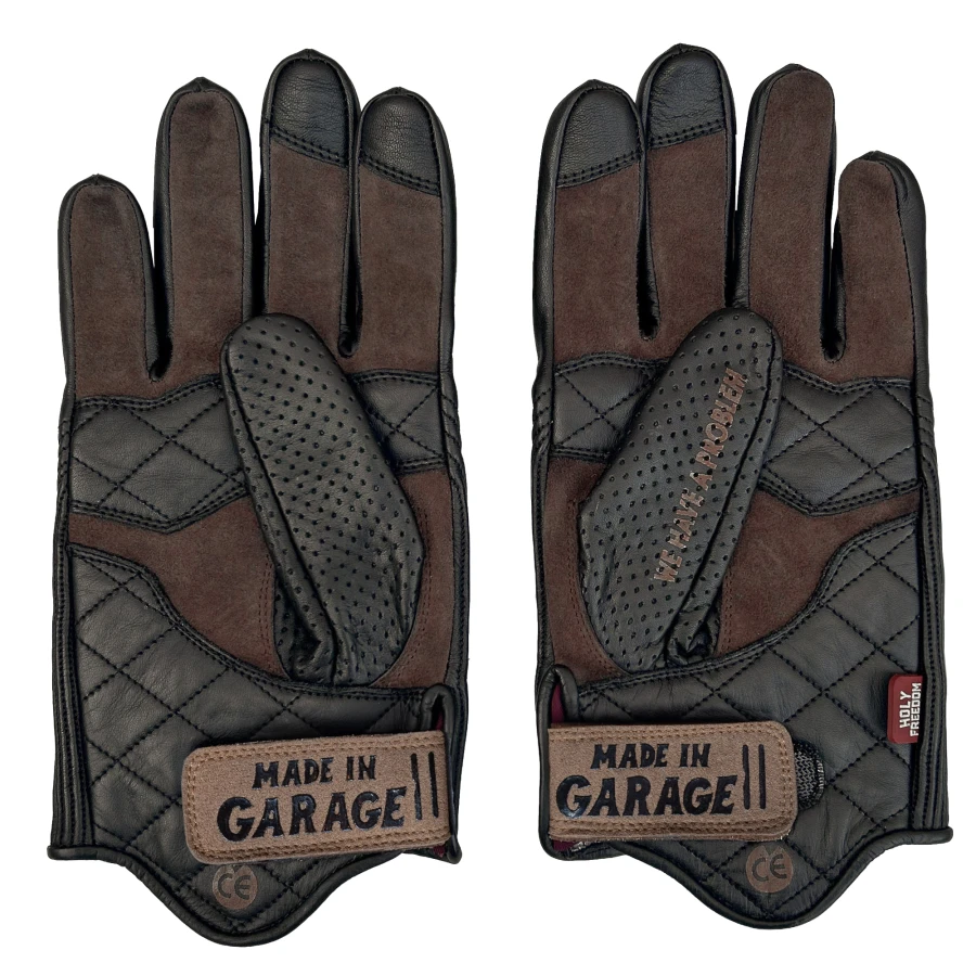 Front view of Bullit Stallion Holyfreedom gloves with cafe racer styling and CE protection.