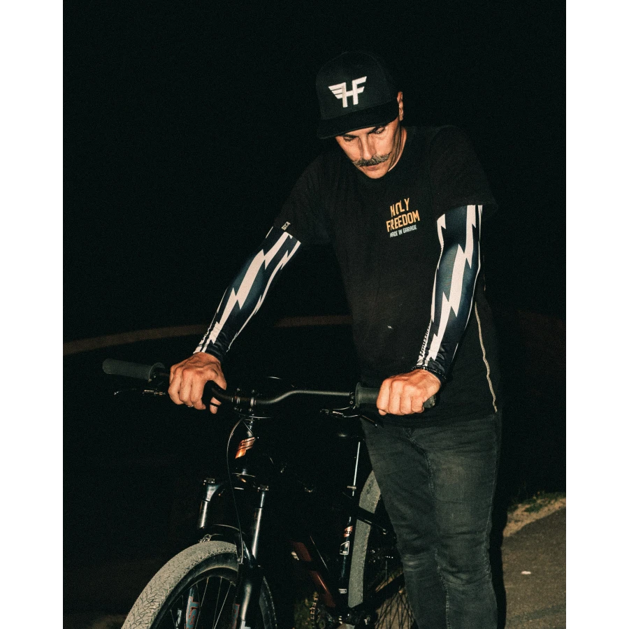 Eugene Sleeves front view, stretchy material and light comfort for motorcycle use.