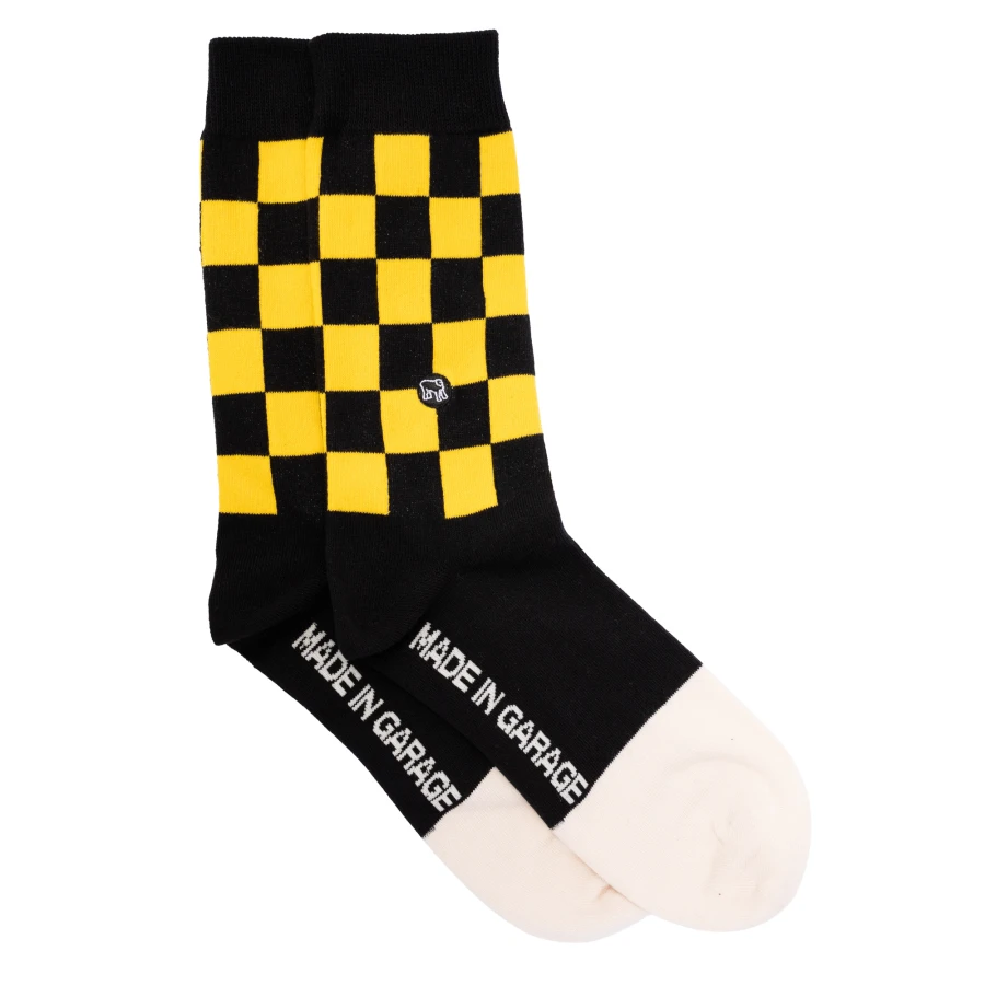 Calze moto cafe racer Holyfreedom Bullit yellow Sox in vista frontale, con stile vintage.