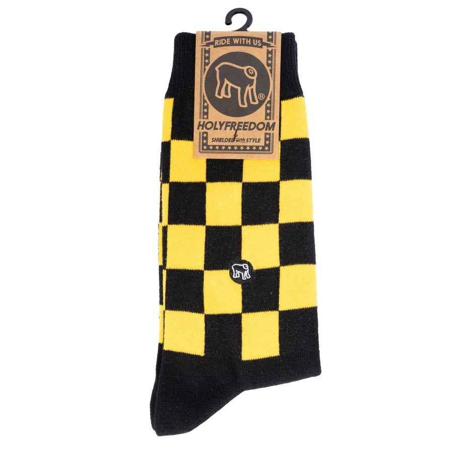 Calze moto cafe racer Holyfreedom Bullit yellow Sox in vista frontale, con stile vintage. 2
