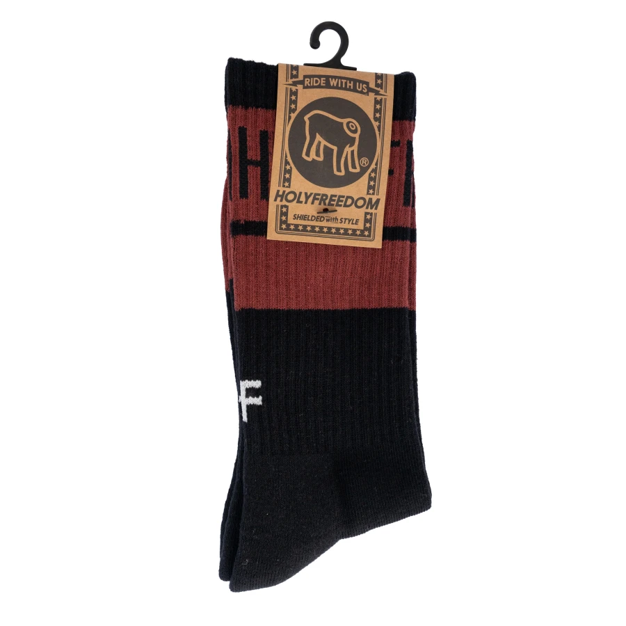 Front view of Holyfreedom Insulto Sox: original motorcycle socks with a bold, ironic look. 2