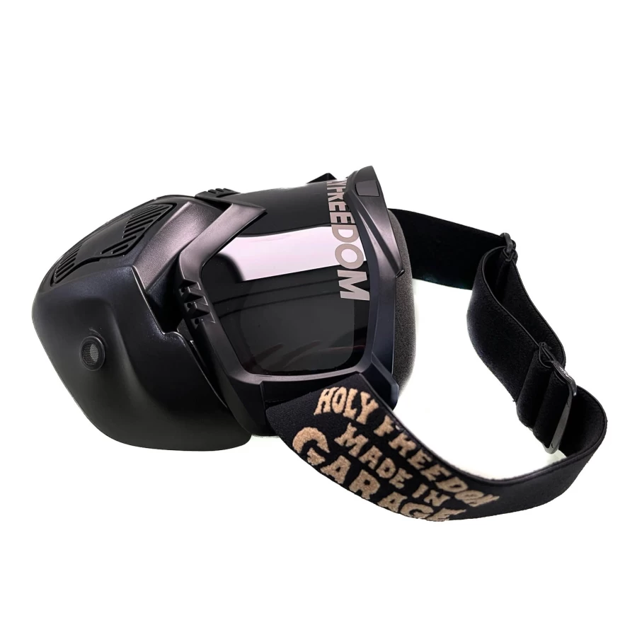 Vista frontale della maschera moto vintage Holyfreedom Fat Rat, leggera e universale.