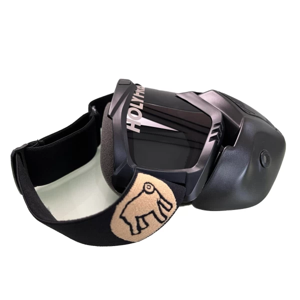 Vista frontale della maschera moto vintage Holyfreedom Fat Rat, leggera e universale.