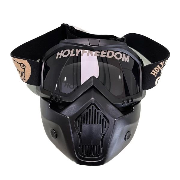 Vista frontale della maschera moto vintage Holyfreedom Fat Rat, leggera e universale.