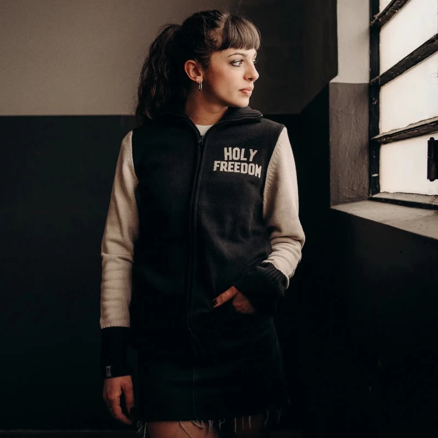 Women's full zip sweater styled for rides and casual custom lifestyle looks.