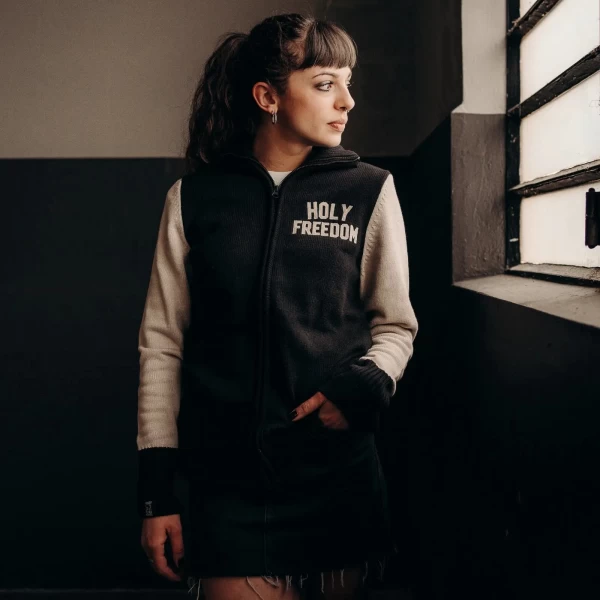 Women's full zip sweater styled for rides and casual custom lifestyle looks.