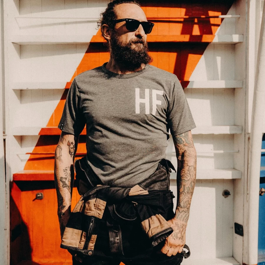 Men's Holyfreedom Ghostrider Grey tee worn with jeans and boots for a cafe racer look.
