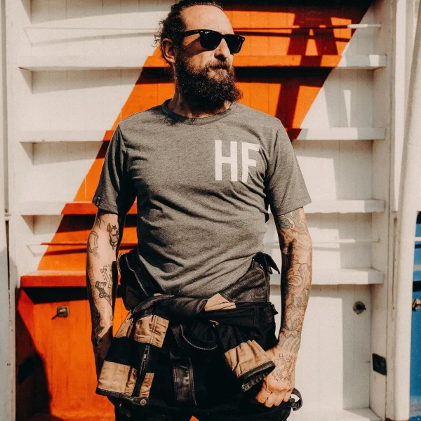 Men's Holyfreedom Ghostrider Grey tee worn with jeans and boots for a cafe racer look.