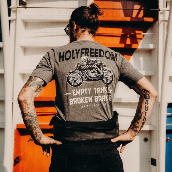Close-up of Ghostrider artwork on Holyfreedom motorcycle tee with custom attitude.