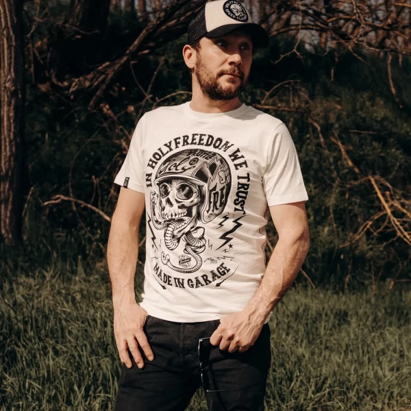 Durer T-shirt worn with jeans and a biker jacket for everyday motorcycle style.