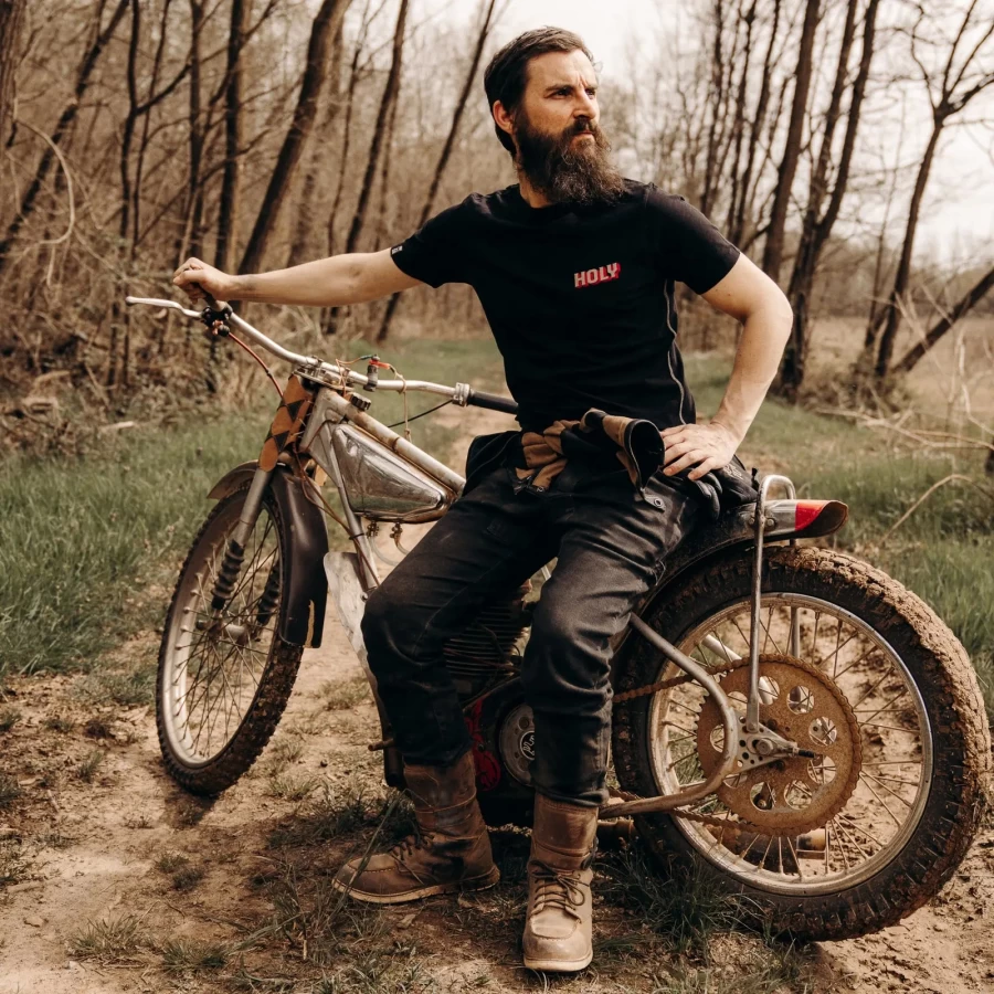 Relaxed fit for a vintage motorcycle t-shirt worn with jeans and a light jacket.