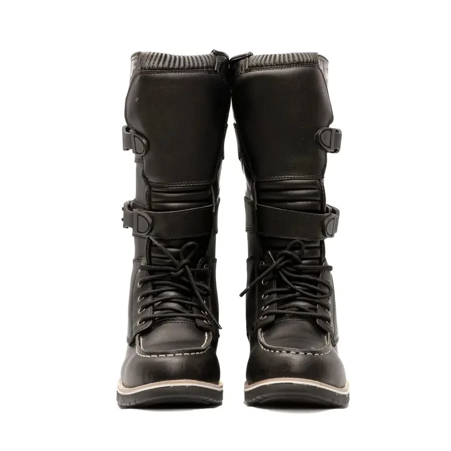 Holyfreedom Night Hawk High CE, stivali moto alti in pelle nera con vista frontale.
