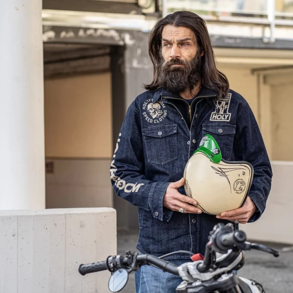 Urban fit and custom style in the Holyfreedom Genoa printed motorcycle jacket.