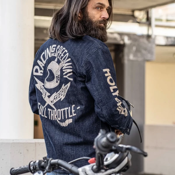 Urban fit and custom style in the Holyfreedom Genoa printed motorcycle jacket.