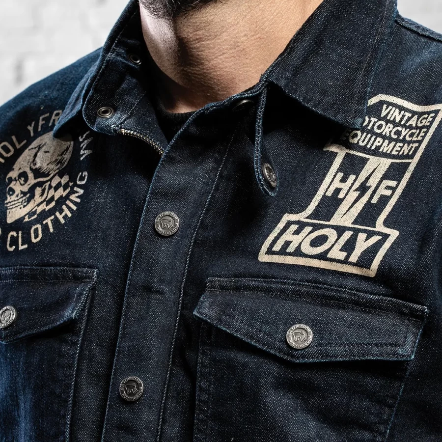 Detail of the print and finishes on the Holyfreedom Genoa jacket with a standout look.