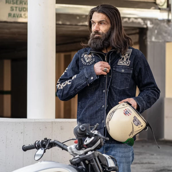Urban fit and custom style in the Holyfreedom Genoa printed motorcycle jacket.