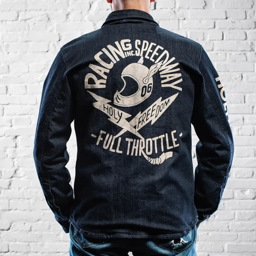 Front view of the Holyfreedom Genoa printed CE motorcycle jacket with original graphics.