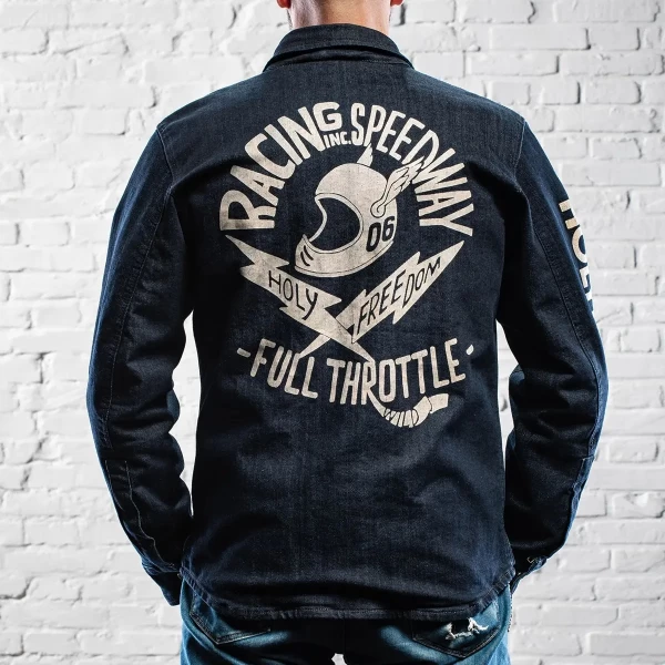 Front view of the Holyfreedom Genoa printed CE motorcycle jacket with original graphics.
