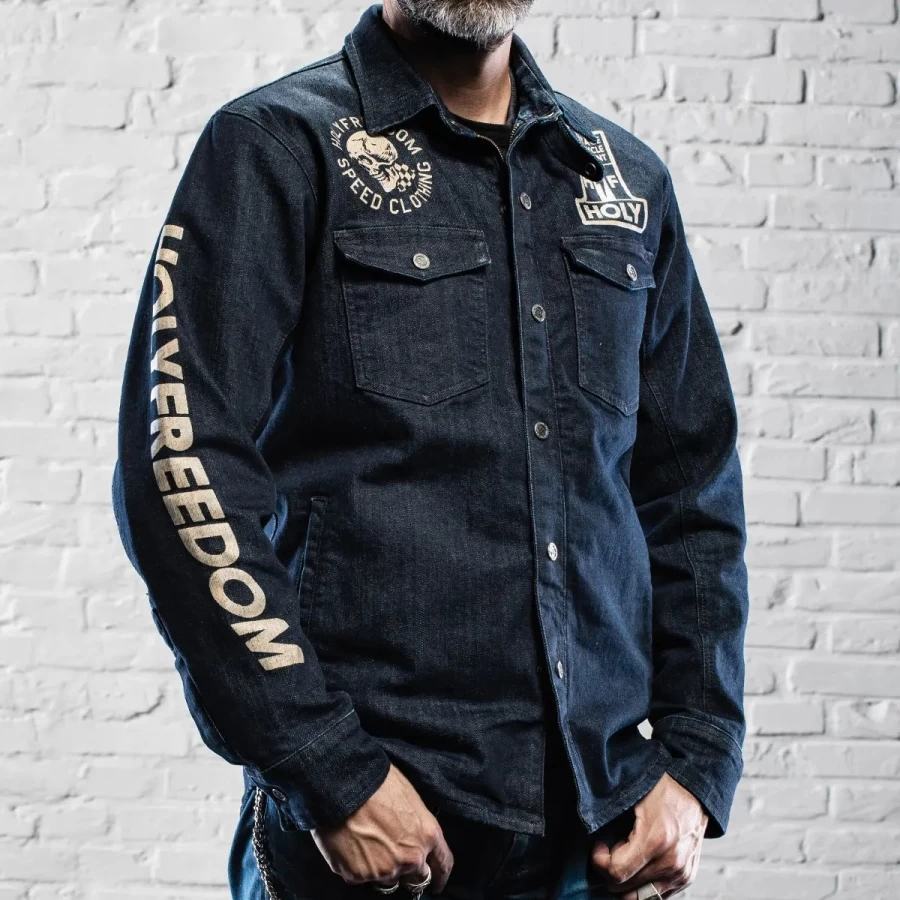 Front view of the Holyfreedom Genoa printed CE motorcycle jacket with original graphics.