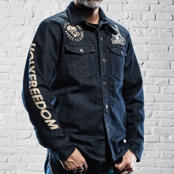 Front view of the Holyfreedom Genoa printed CE motorcycle jacket with original graphics.