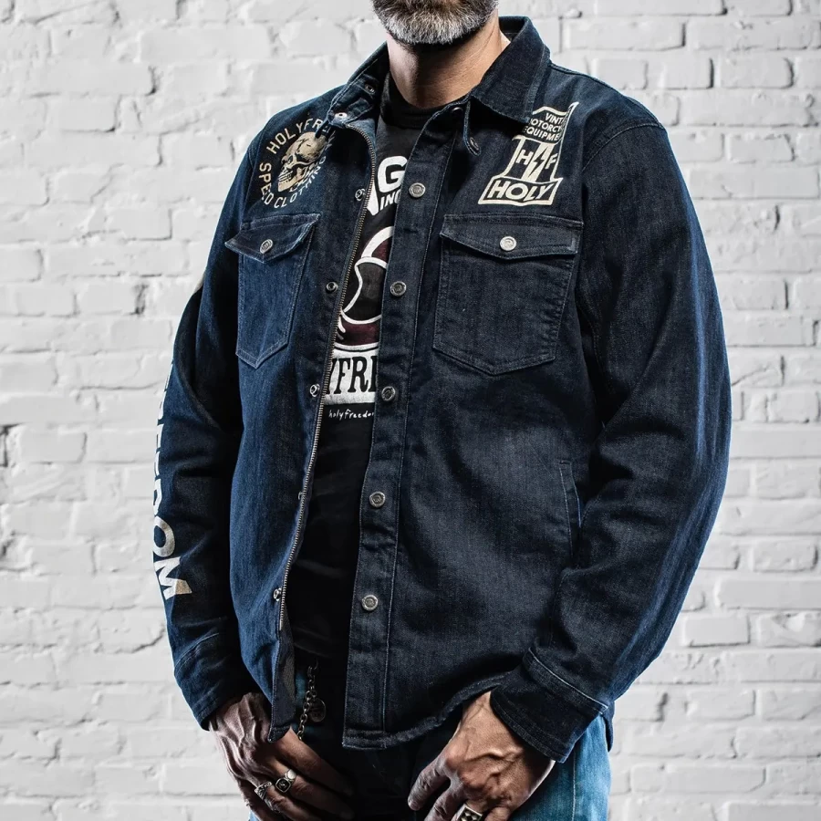 Front view of the Holyfreedom Genoa printed CE motorcycle jacket with original graphics.