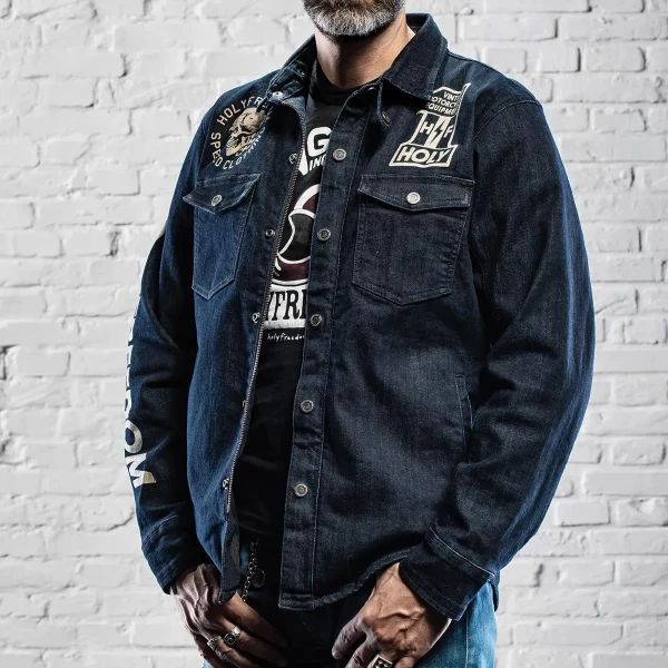 Front view of the Holyfreedom Genoa printed CE motorcycle jacket with original graphics.
