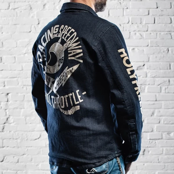 Front view of the Holyfreedom Genoa printed CE motorcycle jacket with original graphics.