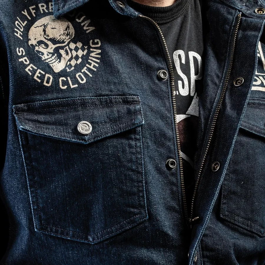 Detail of the print and finishes on the Holyfreedom Genoa jacket with a standout look.