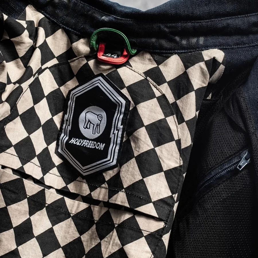 Detail of the print and finishes on the Holyfreedom Genoa jacket with a standout look.
