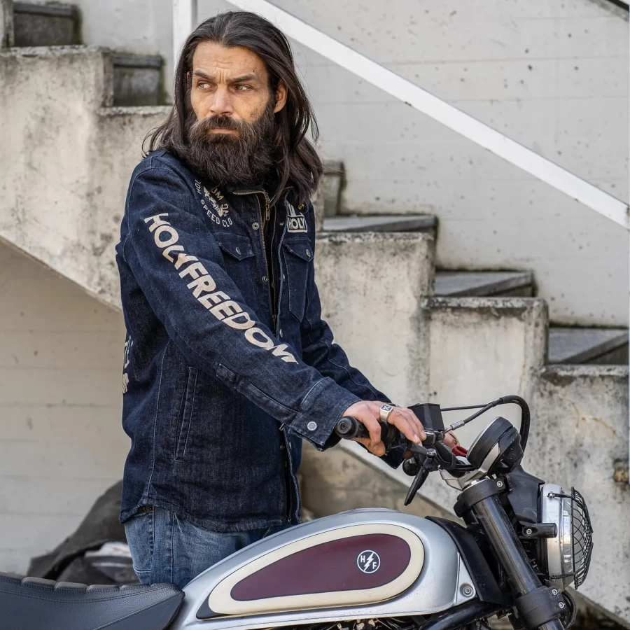 Urban fit and custom style in the Holyfreedom Genoa printed motorcycle jacket.