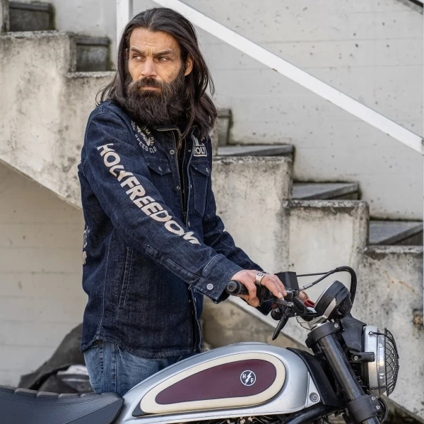 Urban fit and custom style in the Holyfreedom Genoa printed motorcycle jacket.
