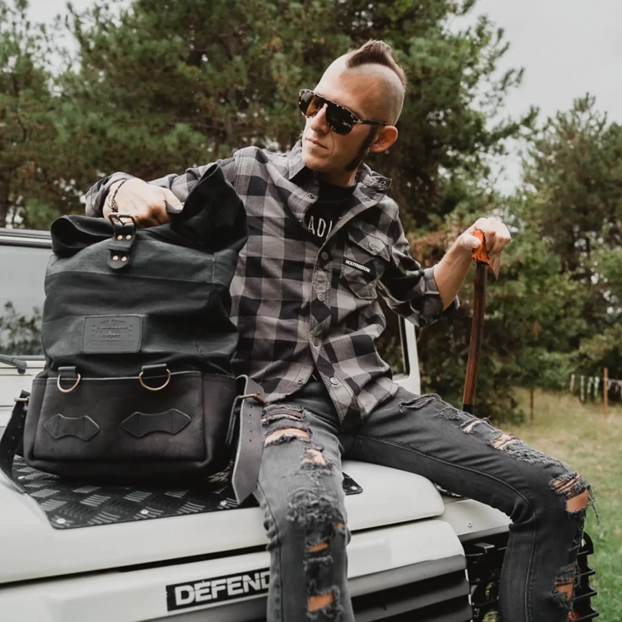 Lifestyle fit: grey flannel shirt for cafe racer, custom and everyday vintage looks.