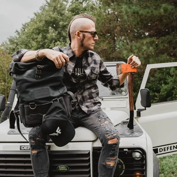 Lifestyle fit: grey flannel shirt for cafe racer, custom and everyday vintage looks.
