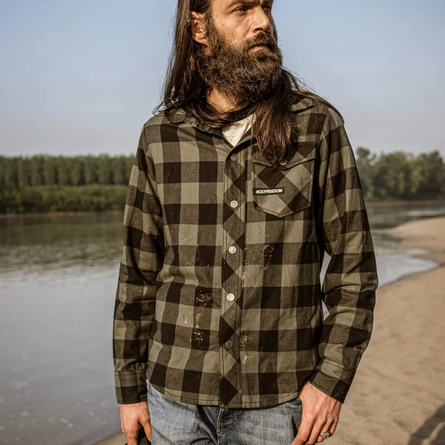 Fit e lifestyle: camicia flanella verde Holyfreedom per look biker, casual e cafe racer.