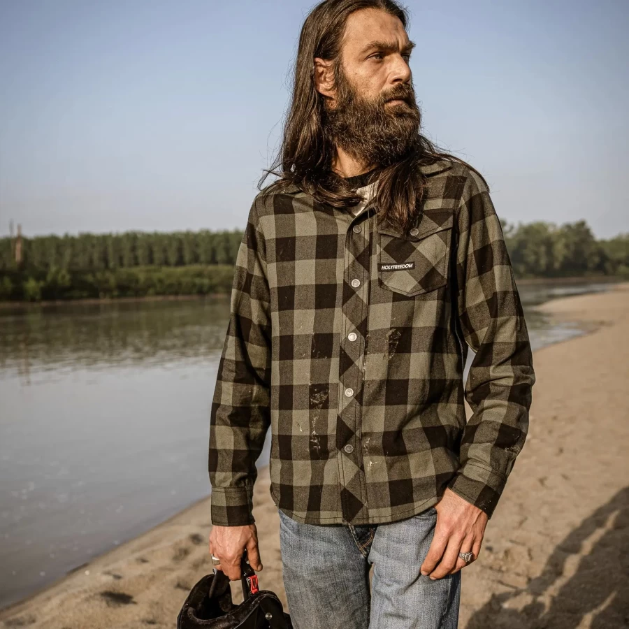 Lifestyle fit: green flannel shirt for cafe racer, custom and everyday vintage looks.