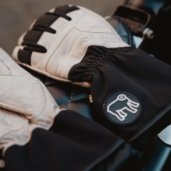 Graphic detail of stitching and Holyfreedom finishing on gloves made for cold-weather riding.