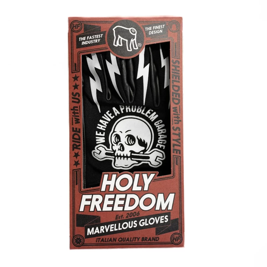 Vista frontale dei guanti moto Tools Holyfreedom in pelle e tessuto dal taglio cafe racer