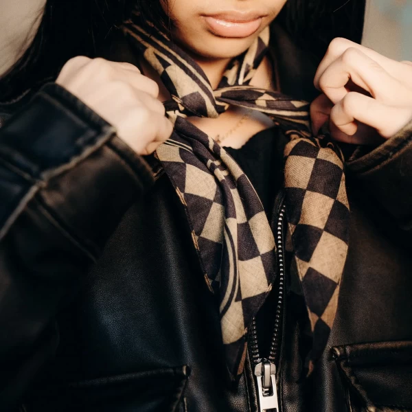 Close-up of Cicano artwork on a Holyfreedom scarf with custom motorcycle attitude.