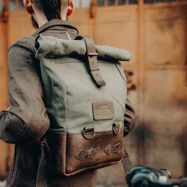 Bushcraft Green backpack worn in a custom motorcycle outfit for city rides and trips
