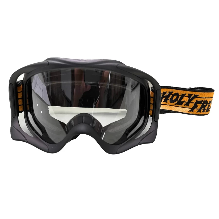 Occhiali moto vintage Snowheels Holyfreedom front view con design pulito e vestibilità universale.